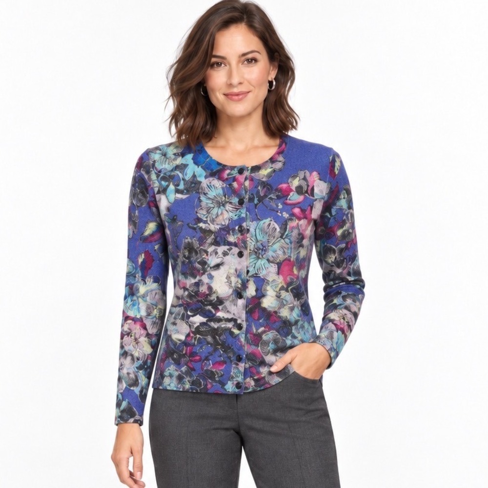 Doncaster Cashmere Cardigan XS Purple Floral Button Sweater Art to Wear Garden